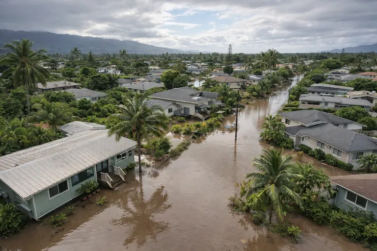 Aerial view of a neighborhood with standing floodwater