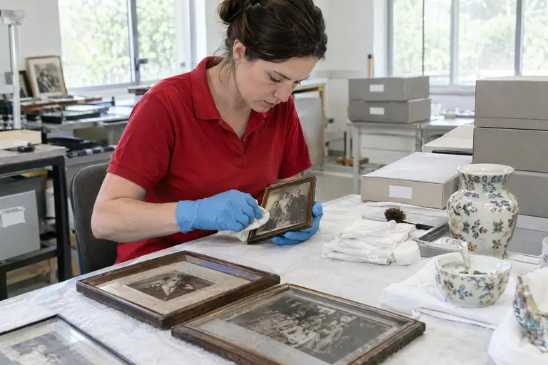 A technician cleaning smoke residue from framed photos and ceramics at a worktable.