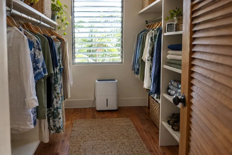 A small dehumidifier running in a ventilated walk-in closet in a home.
