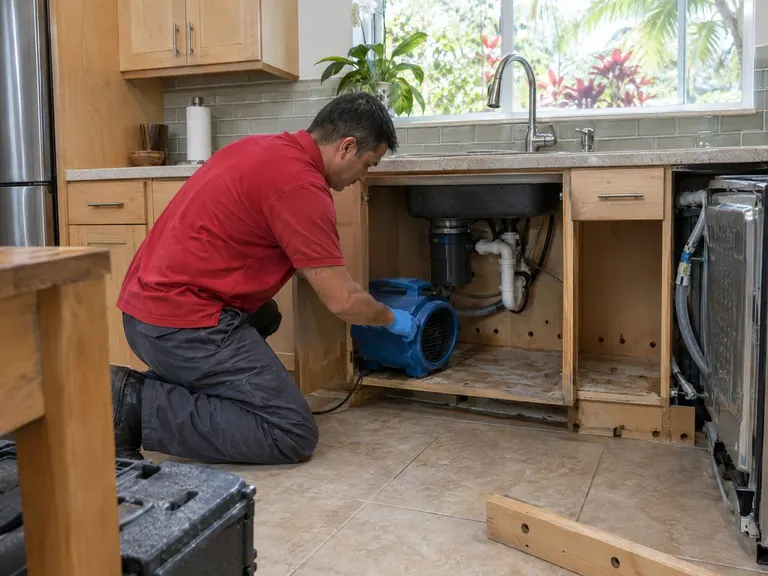 A restoration technician drying under a kitchen sink with the cabinet toe-kick removed and an air mover blowing into the base.