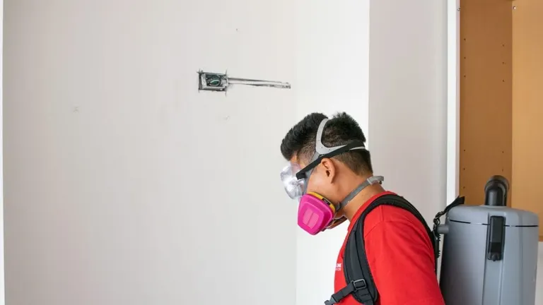 A technician in a respirator HEPA-vacuuming a wall during final cleanup.