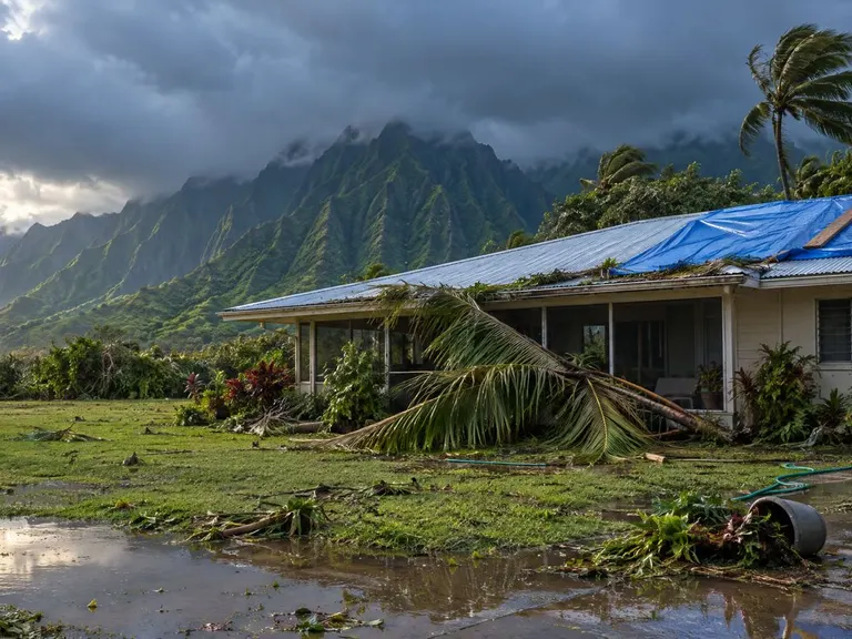 A home with a tarped roof and water on the lawn after a storm.