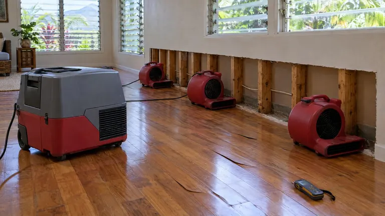 A commercial dehumidifier and air movers drying a hardwood floor and a wall with its lower drywall cut away in a home.