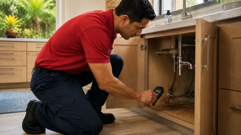 A restoration technician using a moisture meter inside a kitchen sink cabinet in a home.