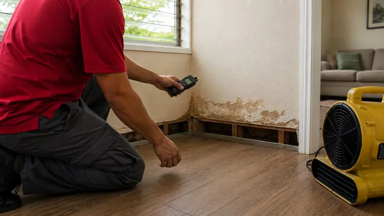 A restoration technician taking a moisture reading on water-stained drywall next to an air mover in a home.
