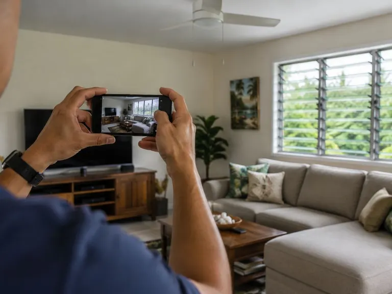A homeowner photographing their living room with a phone to document it for a water damage claim.