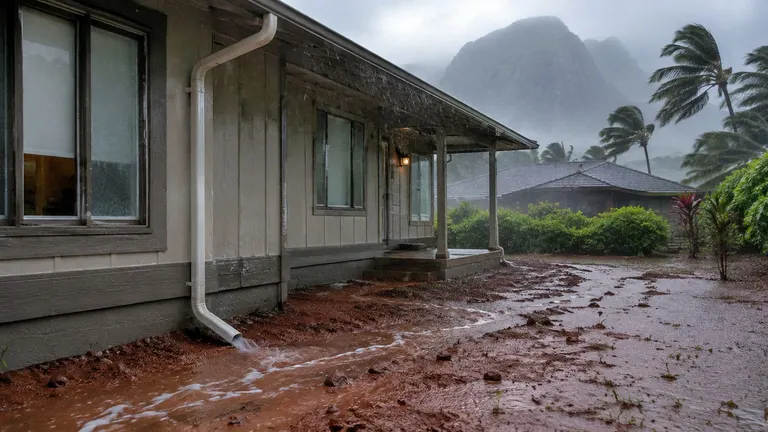 Heavy rain pooling against the foundation of a home during a storm.