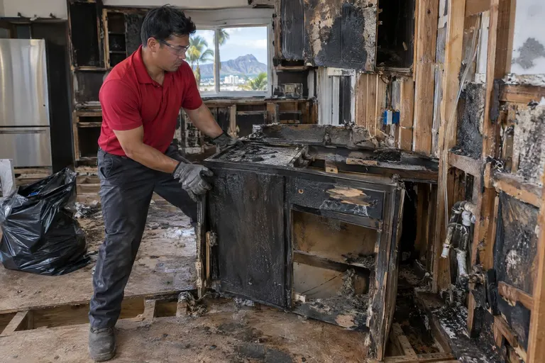 A crew member removing charred kitchen cabinets from a fire-damaged kitchen ahead of the rebuild.
