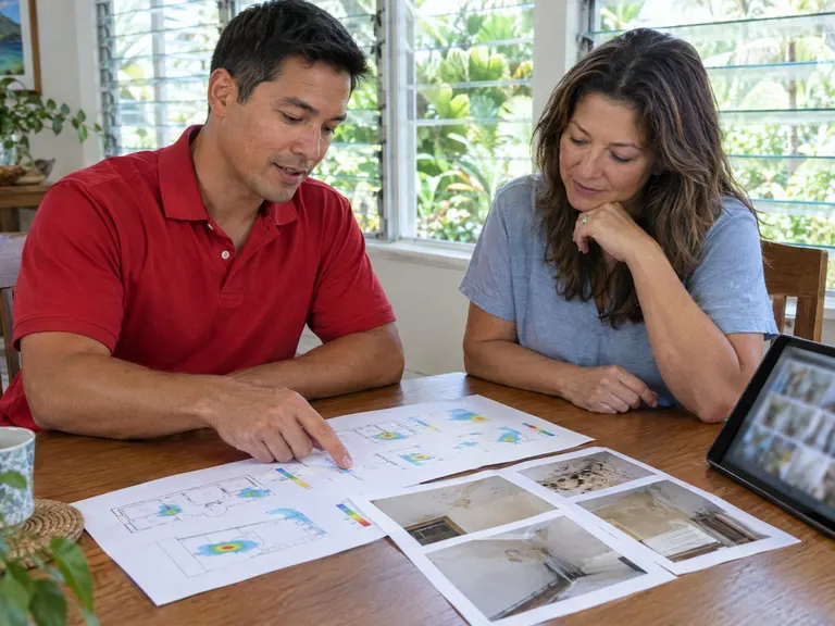 A restoration technician walking a homeowner through moisture readings and damage photos for an insurance claim.