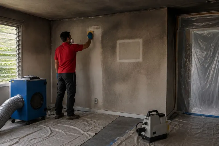 A restoration technician working on smoke damage inside a home.