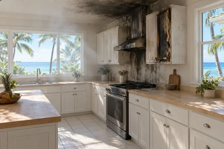 Soot and smoke damage above the range in a bright kitchen after a cooking fire.