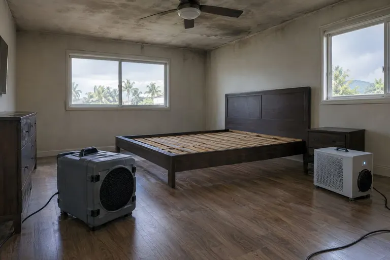 An air scrubber and odor-removal unit running in a smoke-damaged bedroom in a home.