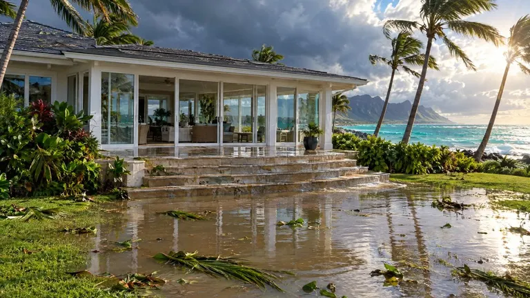 Shallow floodwater and fallen palm fronds around an oceanfront home after a tropical storm.