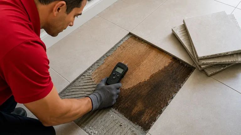 A restoration technician measuring moisture in a subfloor exposed under lifted tile in a home.