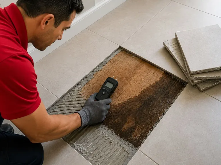 A restoration technician checking a water-damaged subfloor exposed under lifted tile in a home.
