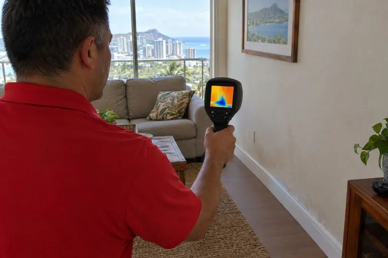 A technician scanning a living-room wall with a thermal imaging camera that shows a cool patch of hidden moisture.