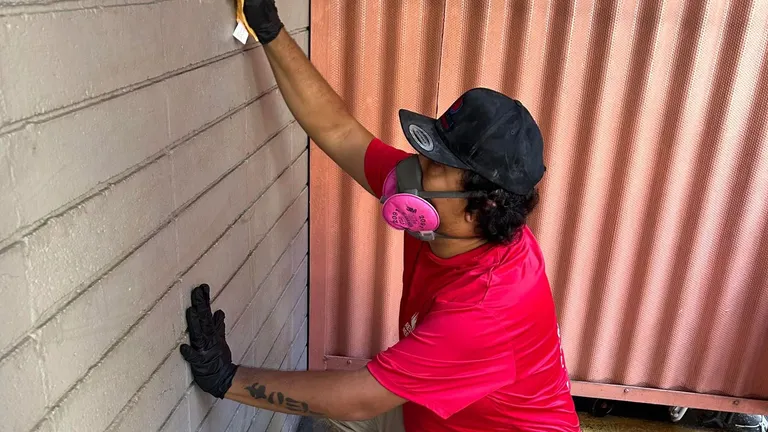 A technician in a respirator treating a wall after water damage.