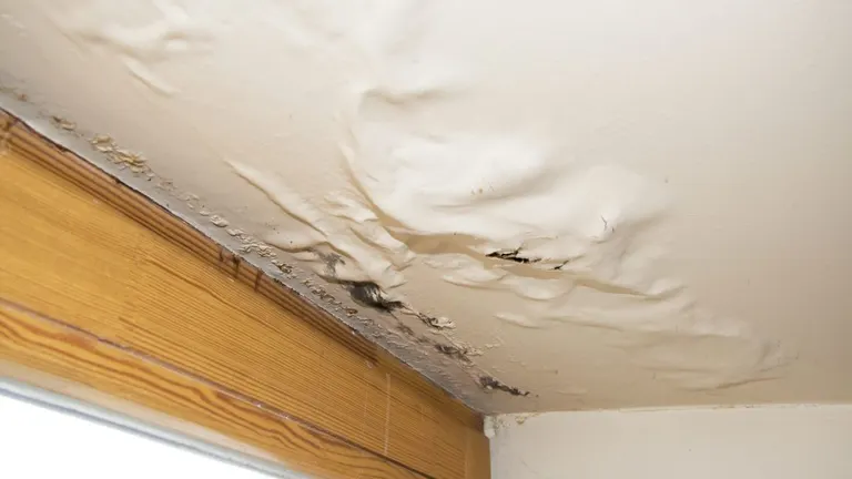 Sagging, water-stained ceiling drywall above a window, found during a water damage assessment.