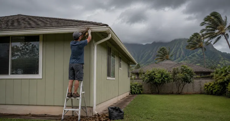 A homeowner on a ladder clearing a gutter before a storm