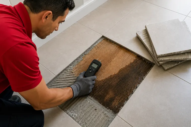 Lifted tile revealing a water-damaged subfloor