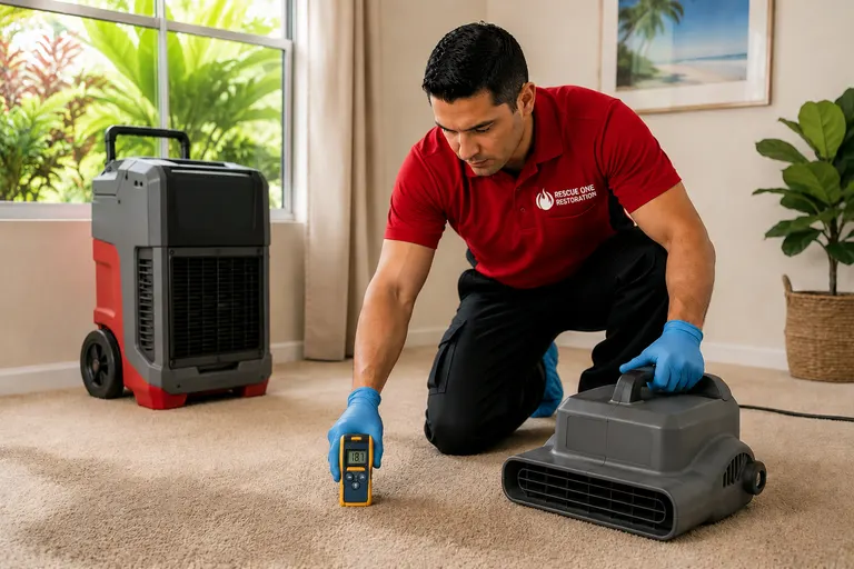 A moisture meter used on wet carpet beside a carpet cleaning machine